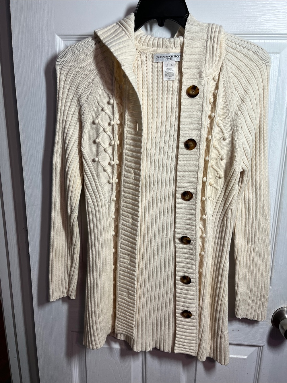 Jones New York Cream Hooded Ribbed Button-Front Cardigan